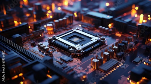 Glowing Electronic Components on Circuit Board Close-Up
