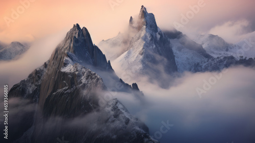 vue de sommet montagneux enneigés recouvert par la brume à l'heure dorée