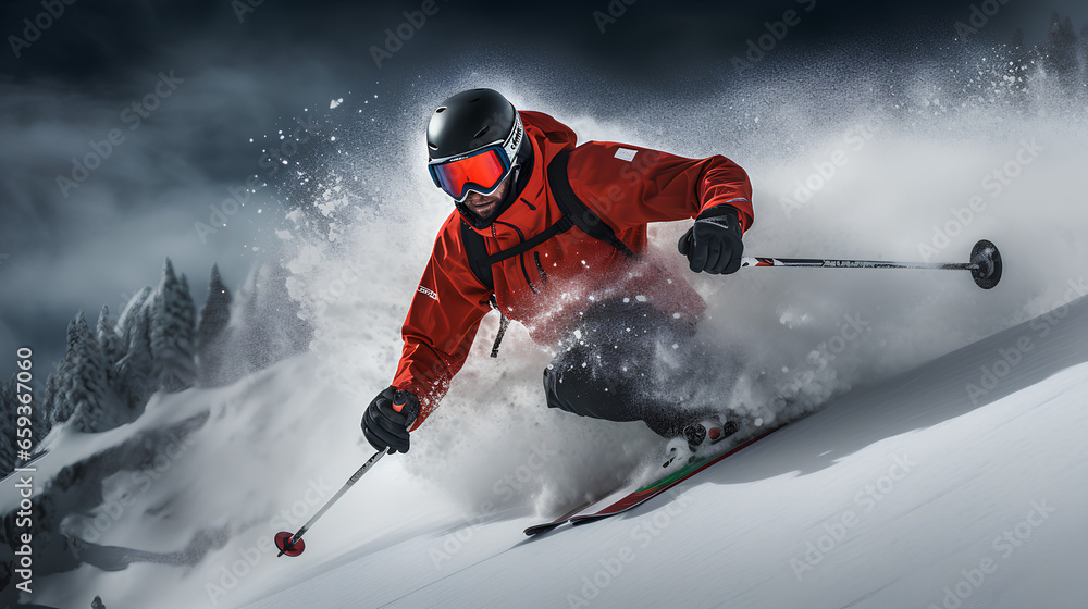 Mountaineer backcountry ski walking ski alpinist in the mountains. Ski touring in alpine landscape with snowy trees. Adventure winter sport