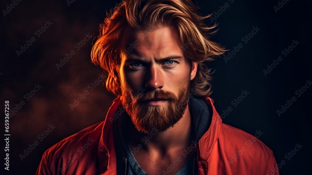 Man with Long Hair and Beard in Red Jacket Man with Long Hair and Beard in Red Jacket