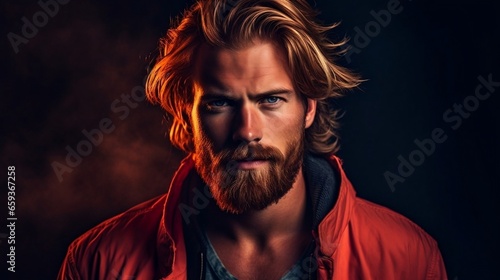 Man with Long Hair and Beard in Red Jacket