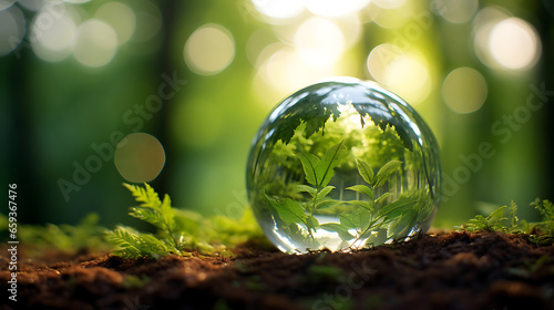 Glass globe encircled by verdant forest flora, symbolizing nature, environment, sustainability, ESG, and climate change awareness
