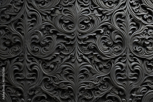 Black 3D Rococo Pattern Background. Intricate Dark Decorative Wallpaper