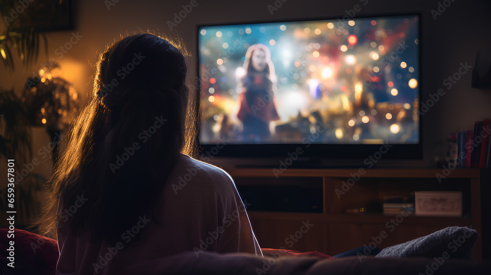 Woman Watching TV series and movies via streaming service Woman Watching TV series and movies via streaming service
