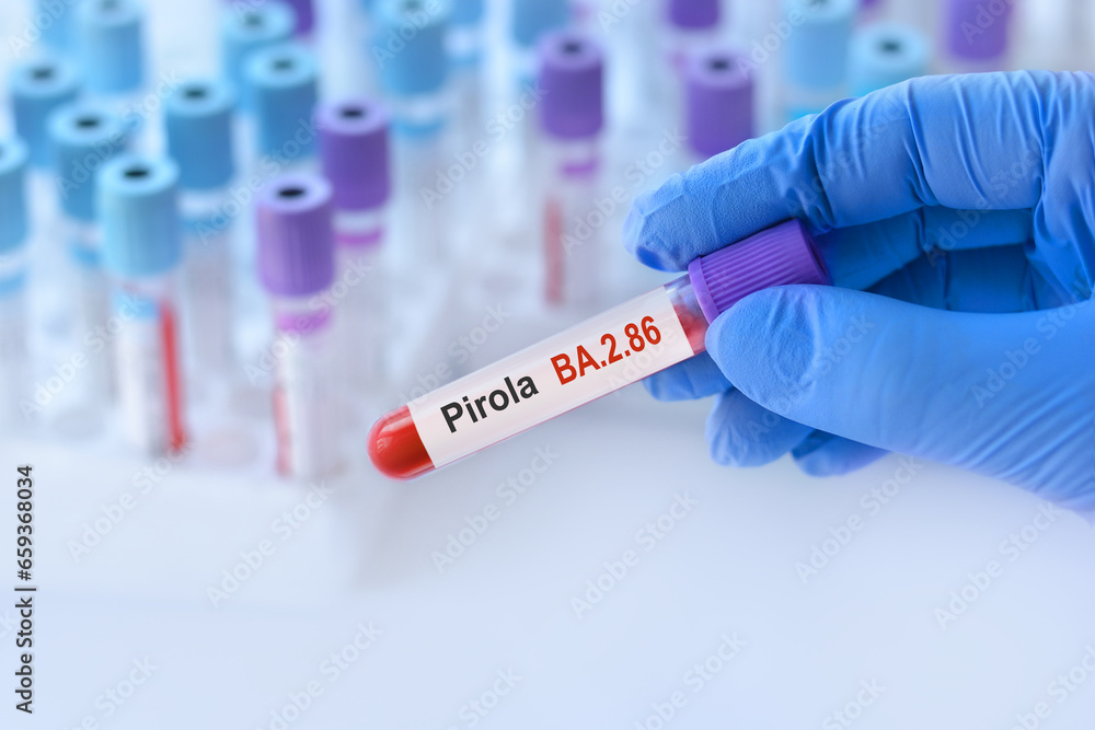 Doctor holding a test blood sample tube for the detection of the BA.2.86 Pirola on the background of medical test tubes.New Covid 19 Pirola Variant Doctor holding a test blood sample tube for the detection of the BA.2.86 Pirola on the background of medical test tubes.New Covid 19 Pirola Variant