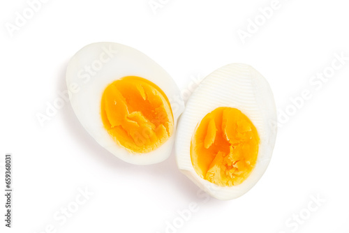 Foto Fresh hard boiled chicken eggs isolated on white, top view, Clipping path includ