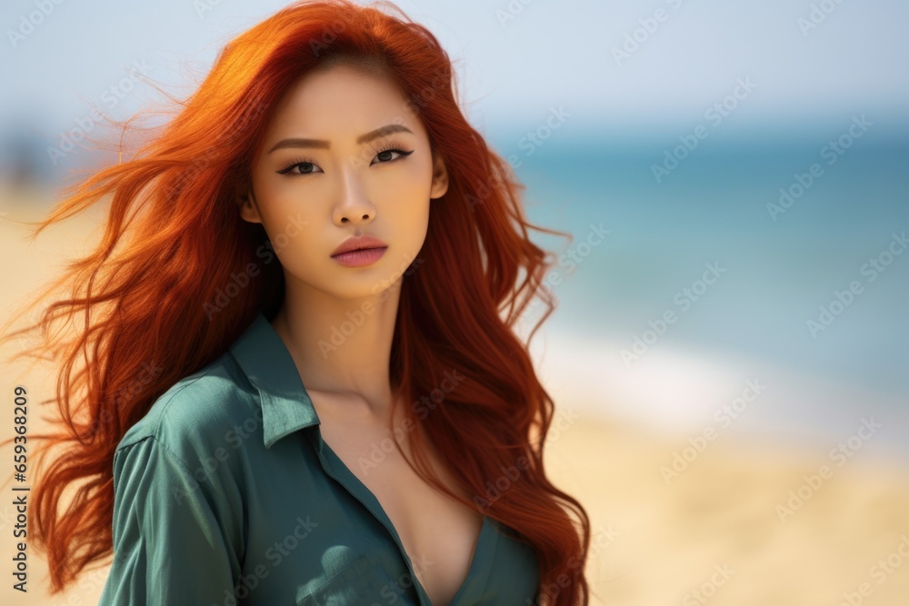 A woman with long red hair standing on a beautiful beach. Perfect for travel and vacation themes