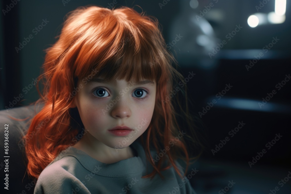 A little girl with vibrant red hair is pictured sitting in a chair. This image can be used to depict youth, innocence, or a child's quiet moment A little girl with vibrant red hair is pictured sitting in a chair. This image can be used to depict youth, innocence, or a child's quiet moment