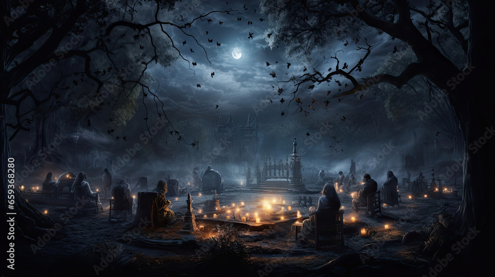 Fototapeta premium Graveyard Picnic with Ghostly Guests
