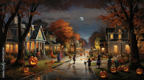 Trick-or-Treaters in a Suburban Street