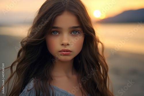 A young girl with long hair standing on a beach. This picture can be used to depict a peaceful beach scene or for promoting beach vacations © Ева Поликарпова