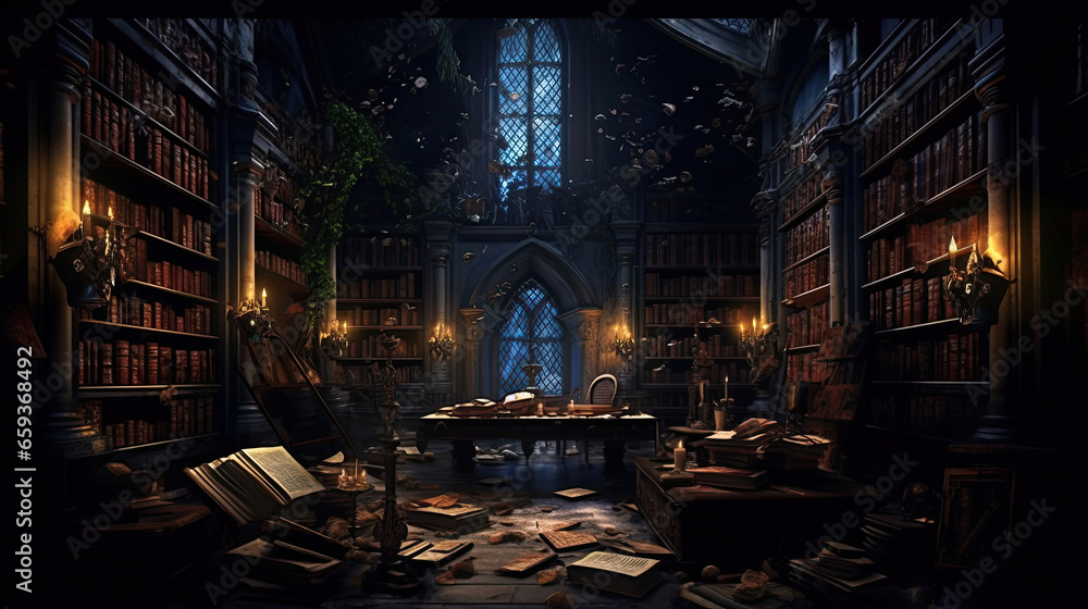 Haunted Library with Moving Books - obrazy, fototapety, plakaty 