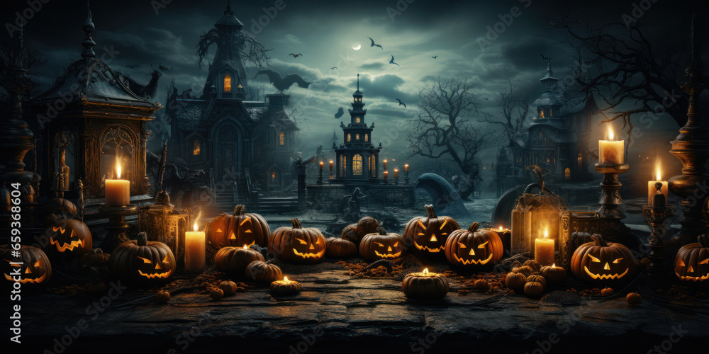 Glowing Jack-o’-lanterns in a Spooky Fairytale Setting: A captivating scene that perfectly captures the essence of Halloween. Glowing Jack-o’-lanterns in a Spooky Fairytale Setting: A captivating scene that perfectly captures the essence of Halloween.