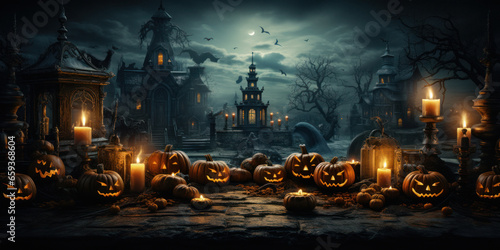 Glowing Jack-o’-lanterns in a Spooky Fairytale Setting: A captivating scene that perfectly captures the essence of Halloween.