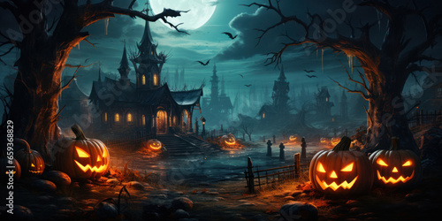 Glowing Jack-o’-lanterns in a Spooky Fairytale Setting: A captivating scene that perfectly captures the essence of Halloween.