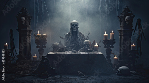 Skulls Adorning an Altar in the Mist