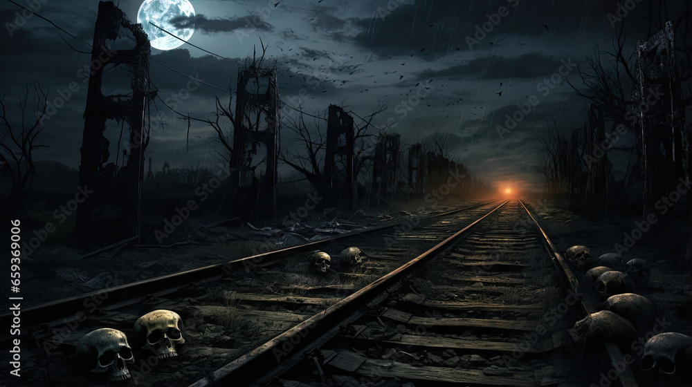 Naklejka premium Skulls Along a Deserted Railway