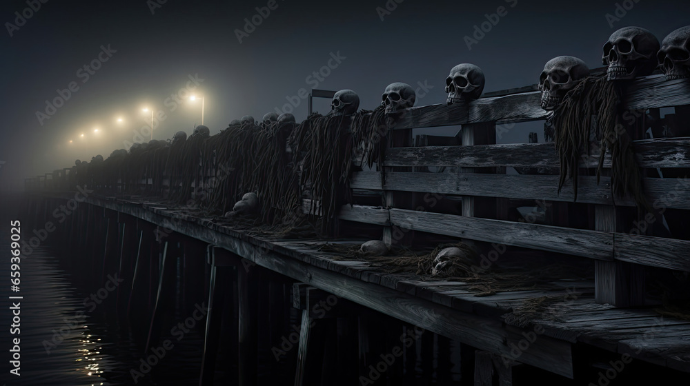 Skulls Along a Fog-Covered Pier