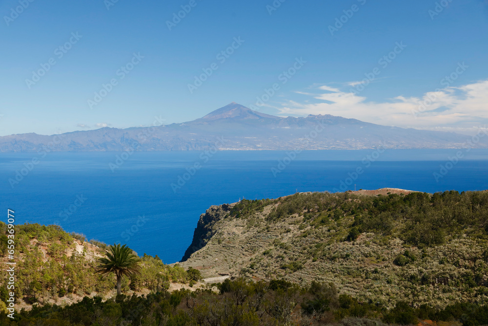 La Gomera, Spain. View of Teide volcano from the plateau above the Gomeran village of Agulo. 
