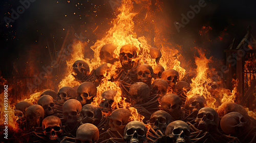 Skulls in the Flames of a Ritual Bonfire