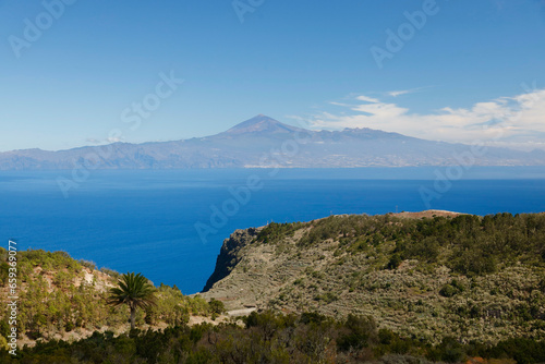 La Gomera, Spain. View of Teide volcano from the plateau above the Gomeran village of Agulo. 