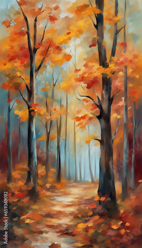 Branches and trees in a autumn forest art illustration. Abstract fall leaves oil painting