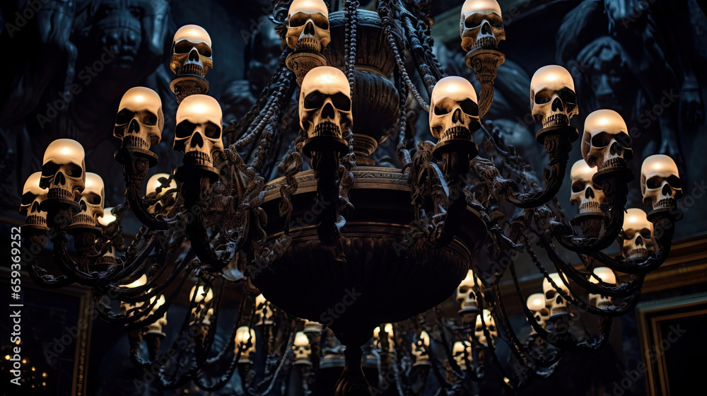 Skulls in a Haunted Ballroom's Chandeliers