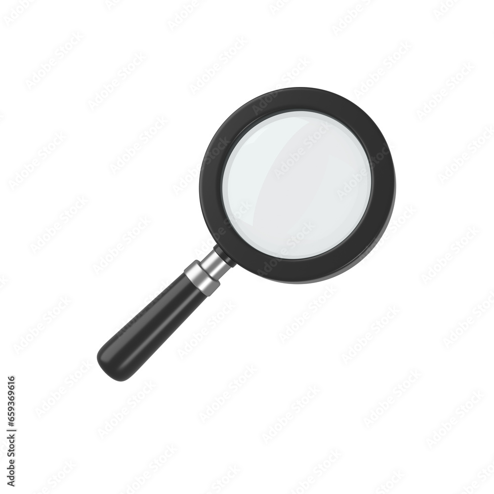 Black and chrome magnifying glass isolated. Transparent loupe search icon for finding, reading, research, analysis or discovery concept. 3d rendering Black and chrome magnifying glass isolated. Transparent loupe search icon for finding, reading, research, analysis or discovery concept. 3d rendering