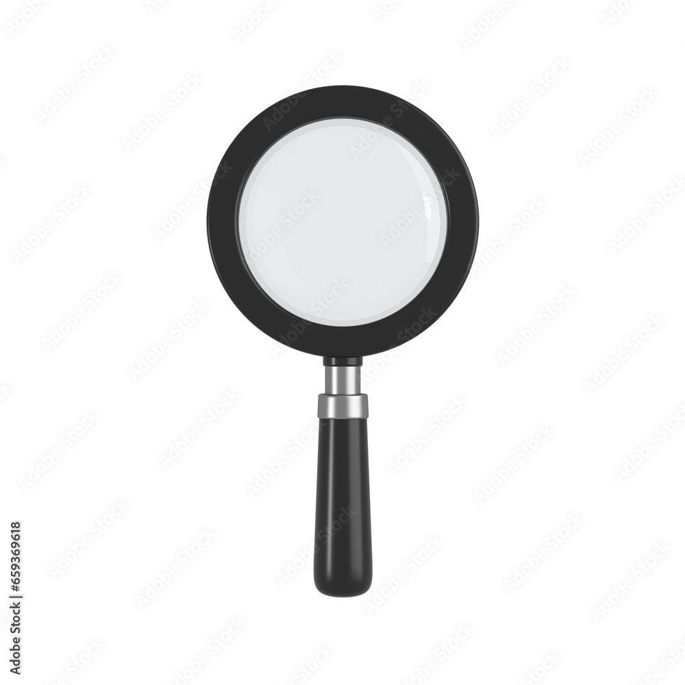 Black magnifying glass isolated. Transparent loupe search icon for finding, reading, research, analysis or discovery concept. 3d rendering