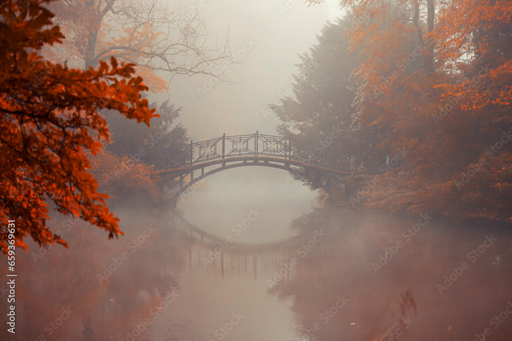 Pejzaż jesienny, mglisty poranek - obrazy, fototapety, plakaty 