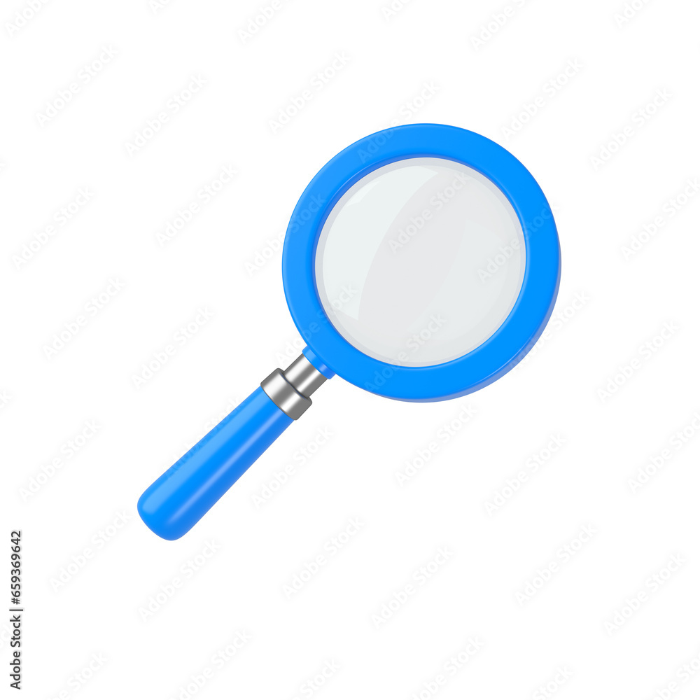 Blue and chrome magnifying glass isolated. Transparent loupe search icon for finding, reading, research, analysis or discovery concept. 3d rendering Blue and chrome magnifying glass isolated. Transparent loupe search icon for finding, reading, research, analysis or discovery concept. 3d rendering