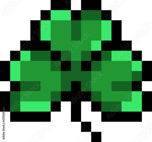 green clover pixel art, green plant logo. Isolated vector illustration. Game assets 8-bit sprite. Design for stickers, web, mobile app. St. Patrick's day symbols