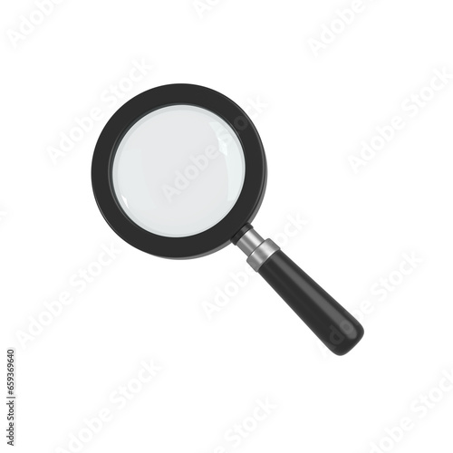 Black magnifying glass. Transparent loupe search icon for finding, reading, research, analysis or discovery concept. 3d rendering