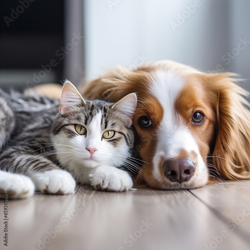 cat and dog Friendly laying at home sunny day sleepy pets ai generated © andre