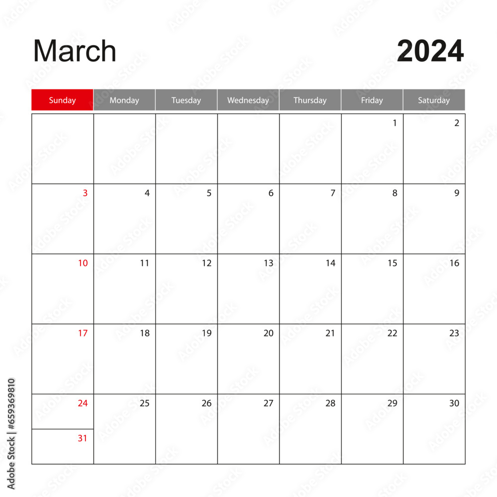 Wall Calendar Template For March 2024 Holiday And Event Planner Week