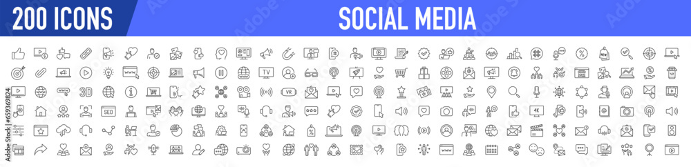 Set of 200 Social media and web icons in line style. Data analytics, blogging, seo, digital marketing, management, message, phone, collection. Vector illustration.