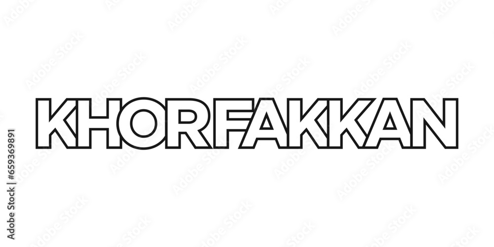 Khor Fakkan in the United Arab Emirates emblem. The design features a geometric style, vector illustration with bold typography in a modern font. The graphic slogan lettering. Khor Fakkan in the United Arab Emirates emblem. The design features a geometric style, vector illustration with bold typography in a modern font. The graphic slogan lettering.