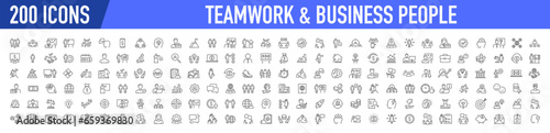 Set of 200 Teamwork and Business people icons in line style. Team, business people, human resources, collaboration, research, meeting, partnership, support, businessman. Collection. Vector.