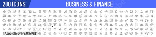 Set of 200 Business and Finance web icons in line style. Money, bank, contact, office, payment, strategy, accounting, infographic. Icon collection. Vector illustration.