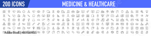Set of 200 Medical and Health web icons in line style. Medicine and Health Care, RX, infographic. Vector illustration.