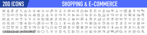 Set of 200 Shopping web icons in line style. Mobile Shop, Digital marketing, Bank Card, Gifts. Vector illustration.