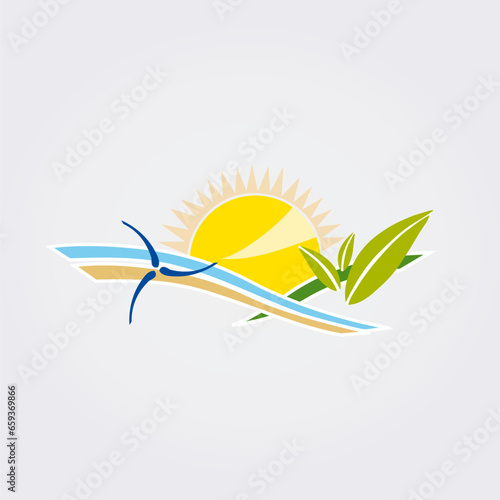 Icône Nature, Paysage, Feuillage, Colline Eau Soleil et Énergie éolienne Logo durable pour Environnement vert Écologie Entreprise 