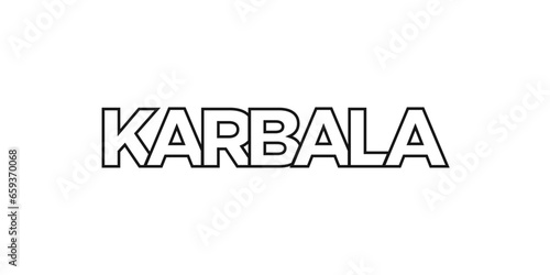 Karbala in the Iraq emblem. The design features a geometric style, vector illustration with bold typography in a modern font. The graphic slogan lettering.