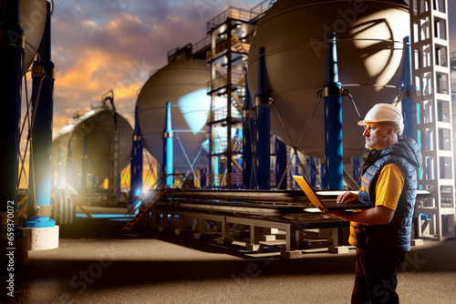 Man industrial engineer. Gas manufactory worker. Engineer with laptop on territory of plant. Factory with spherical high pressure tanks. Man near evening industrial landscape. Oil and gas industry photo