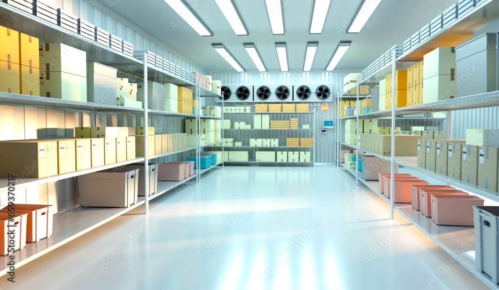 Industrial refrigerator. Warehouse for frozen foods. Storage with boxes on racks. Refrigerator compartment with air conditioning. Big industrial refrigerator without anyone. Warehouse tech. 3d image Industrial refrigerator. Warehouse for frozen foods. Storage with boxes on racks. Refrigerator compartment with air conditioning. Big industrial refrigerator without anyone. Warehouse tech. 3d image