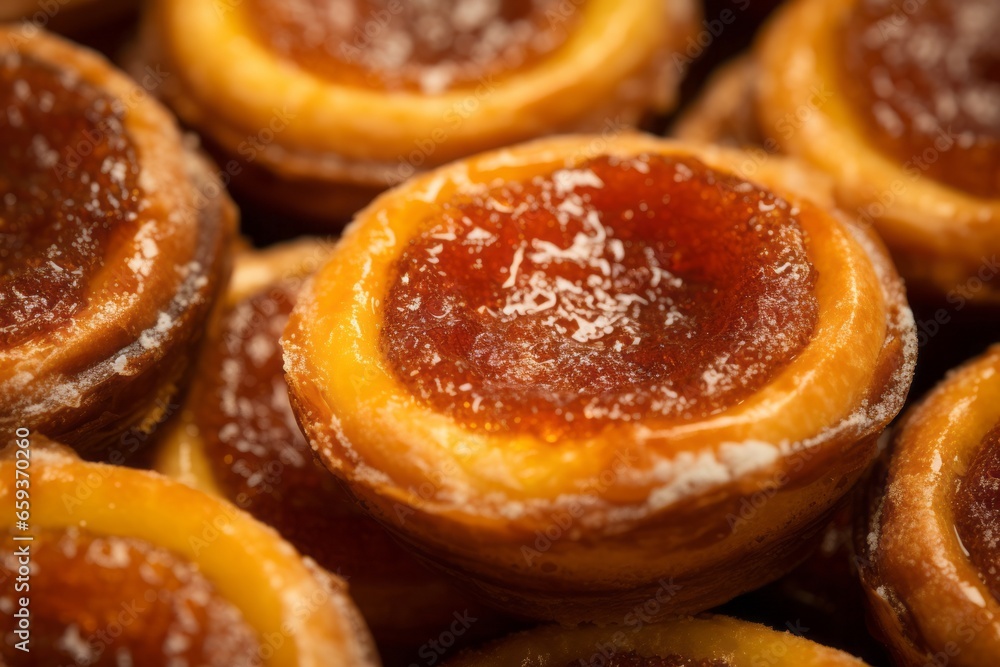 Traditional portuguese vanilla pudding puff pastry pastel de nata filling the frame, top view.