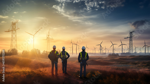 environmental workers in a wind power generation field, collaborating on sustainable energy projects, maintaining and monitoring wind turbines to support green energy initiatives