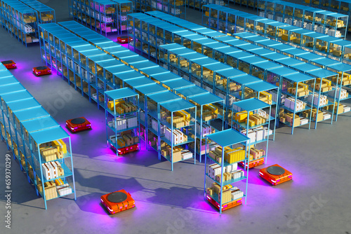 Wallpaper Mural Interior of autonomous warehouse. Storage robots move shelving throughout building. Autonomous warehouse without people. Industrial robots. Building with autonomous warehouse, interior view. 3d image Torontodigital.ca