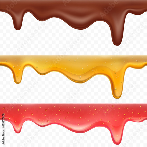 Melted chocolate, honey and strawberry jam. Seamless pattern isolated on transparent background. Stock vector illustration