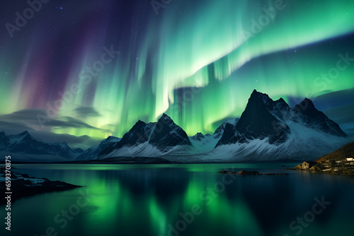 Fototapeta Aurora borealis over the sea, snowy mountains and city lights at night